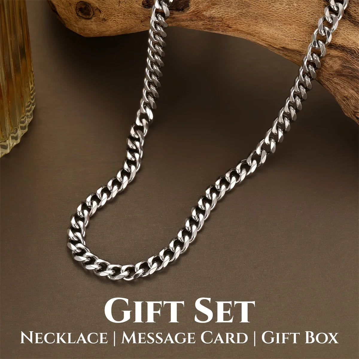 Classic stainless steel six-sided polished necklace + gift box + card holder